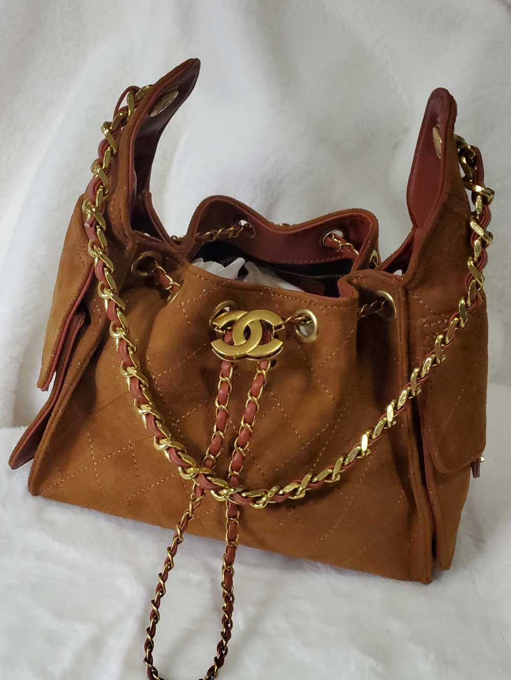 CC Boutique Brown Quilted Suede Drawstring Shoulder Bag with Gold Hardware